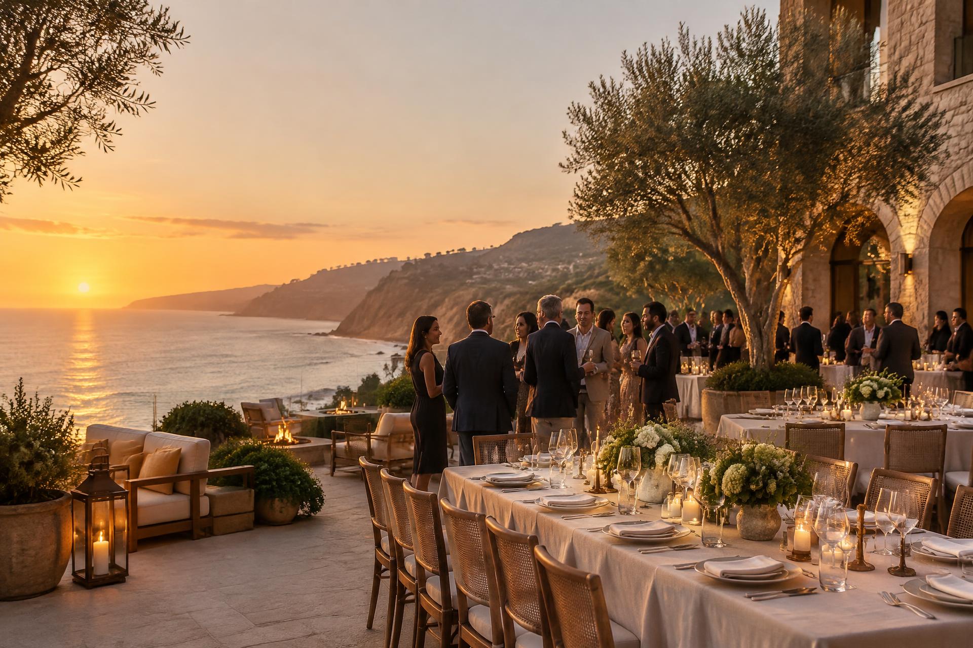 Corporate destination dinner on a Southern California coastal terrace at sunset