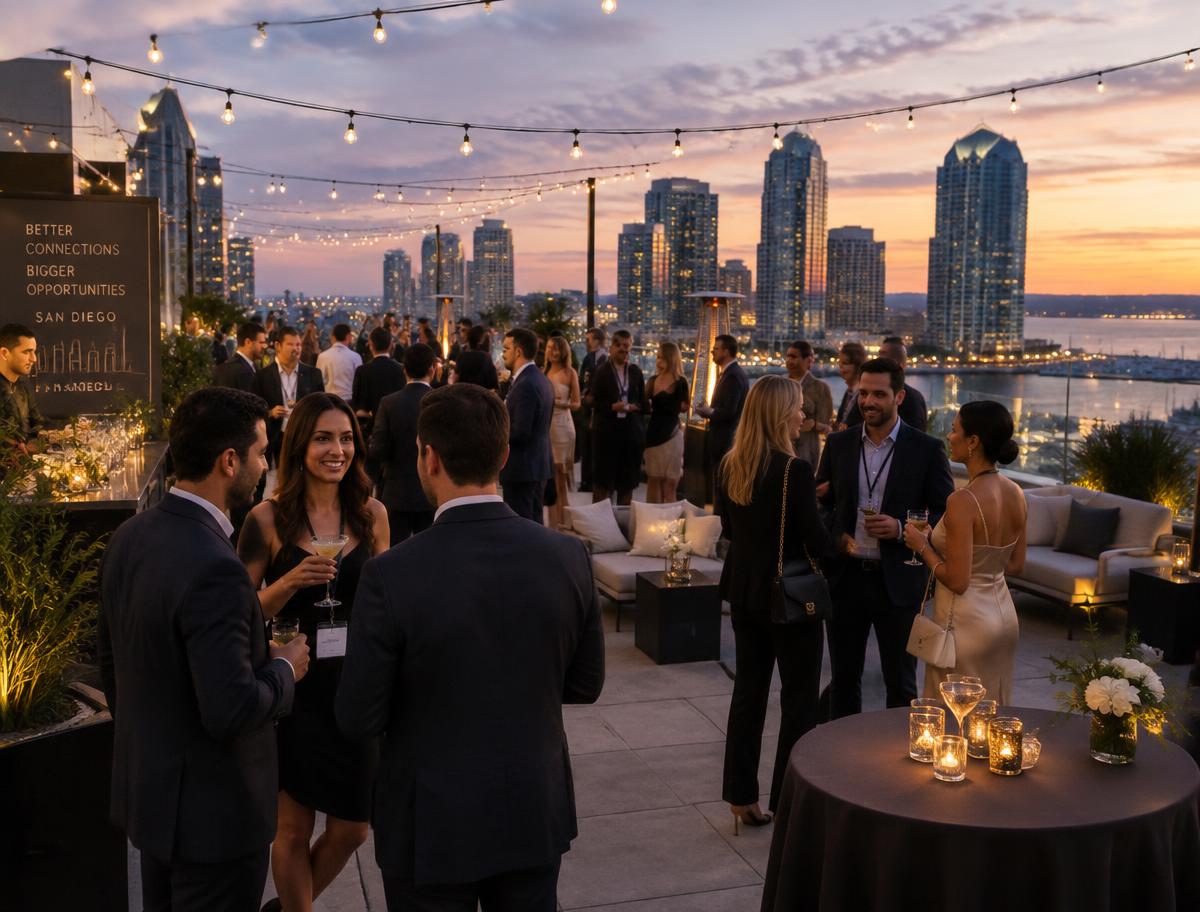 Rooftop cocktail event at dusk with the downtown San Diego skyline behind