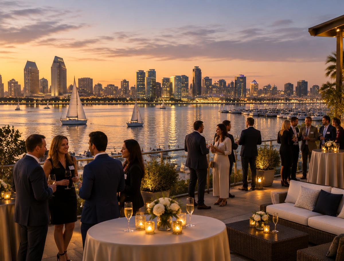 Waterfront reception terrace overlooking San Diego Bay and the city skyline